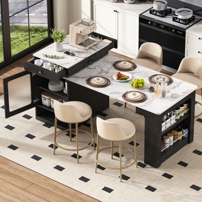 Îlot de cuisine mobiles avec rangement,plan de travail,multiprises,2 tiroirs,table à manger extensible,ilot central cuisine,Noir