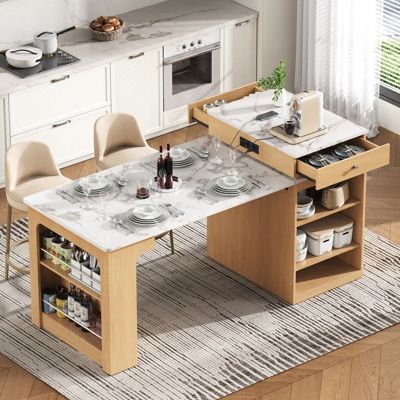 Îlot de cuisine mobiles avec rangement,plan de travail,multiprises,tiroirs,table à manger extensible,ilot central cuisine,Naturel