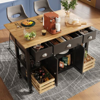 Îlot de Cuisine Multifonction avec Paniers en Pin et Rangement, Buffet Effet Bois en MDF et Métal, Noir + Naturel, 120x45x90 cm