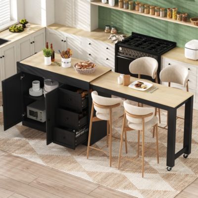 Îlot de cuisine noir en MDF avec plateau extensible, 3 tiroirs et étagère à épices