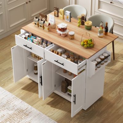 Îlot de Cuisine Pliable Service avec Plateau Rabattable et Roulettes, Pieds Bois Interchangeables, MDF Blanc, 120x46(70)x91 cm