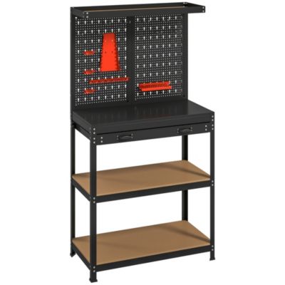 Établi d'atelier - établi métallique - plan de travail - panneau perforé, tiroir, 3 étagères - métal noir MDF bois