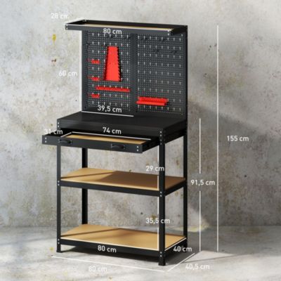 Établi d'atelier - établi métallique - plan de travail - panneau perforé, tiroir, 3 étagères - métal noir MDF bois