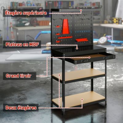 Établi d'atelier - établi métallique - plan de travail - panneau perforé, tiroir, 3 étagères - métal noir MDF bois