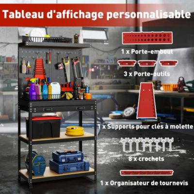 Établi d'atelier - établi métallique - plan de travail - panneau perforé, tiroir, 3 étagères - métal noir MDF bois