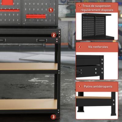 Établi d'atelier - établi métallique - plan de travail - panneau perforé, tiroir, 3 étagères - métal noir MDF bois
