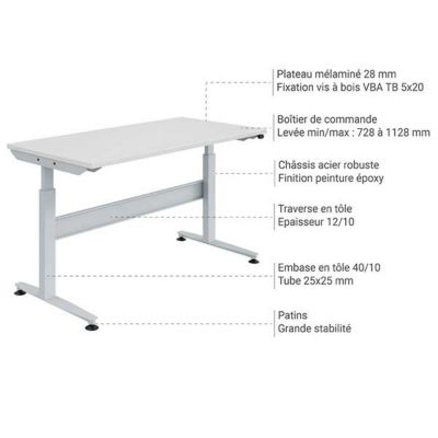 Établi pour atelier réglable - Charge max 140kg - Dim 2000x750x728/1128mm - W010140032