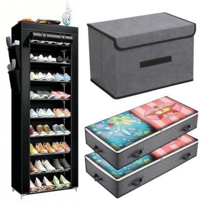 Étagère à Chaussures Pliable 10 Niveaux + 3 Boîtes Pliables + 2 Tiroirs, Idéal pour Étudiants et Petits Espaces