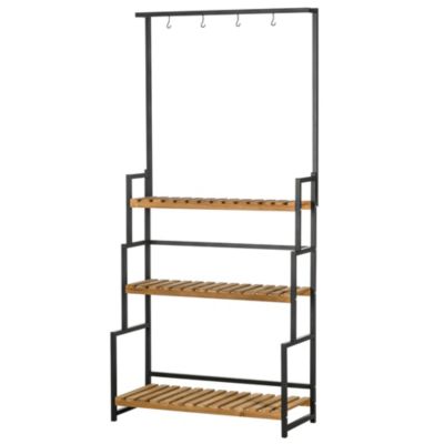 Étagère échelle à fleurs 3 niveaux - porte plante bois 3 étagères - 4 crochets pour pots suspendus - métal noir bois sapin