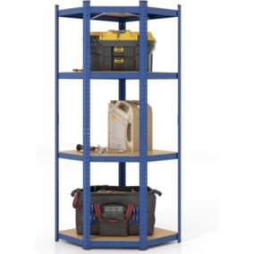 Étagère d'angle à 4 Niveaux Support de Rangement en Métal Capacité 720Kg Kits Anti basculement Tablettes Réglables Bleu