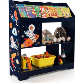 Étagère de Rangement Enfants-Bibliothèque 3 Compartiments-Dispositif Anti-basculement-Étagère à Livres avec Motif Fusée Bleu