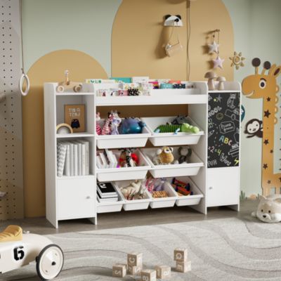 Étagère de rangement jouets enfants 4 niveaux : 100% bois massif (blanc), 8 bacs en plastique + 4 compartiments.