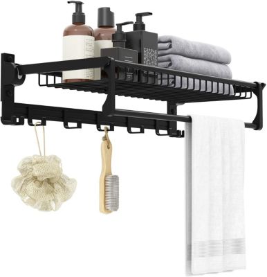 Étagère Douche Mural Pliable en Aluminium,Grand Panier de Rangement,Barre Réglable,Crochets Amovibles Fixes