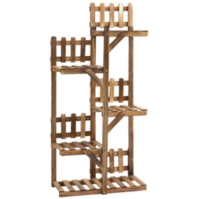 Étagère à fleurs en bois - porte plante 5 tablettes ornement petites barrières - 60x30x130cm - bois de sapin traité carbonisation