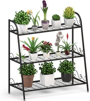 étagère à Fleurs en Fer-81 x 35 x 82 CM-Support de Pots de Fleurs à 3 Niveaux-étagère Polyvalente Intérieur ou Extérieur