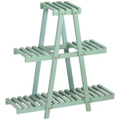 Étagère à fleurs pyramidale en bois - porte plante bois 3 étagères - dim. 76L x 26l x 76H cm - sapin vert d'eau