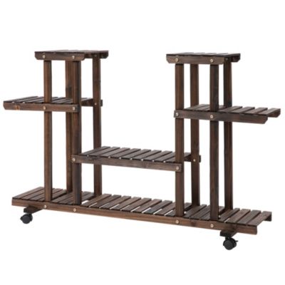 Étagère à fleurs support de plantes 4 niveaux roulettes bois sapin carbonisé