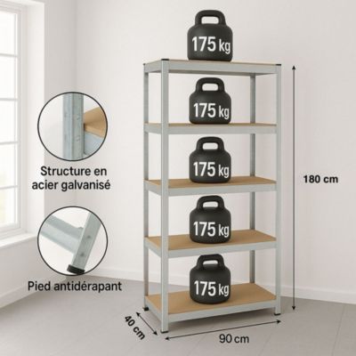 Étagère métal de rangement garage, atelier L.90 x P. 40 x H.180 cm  875 kg  avec 5 niveaux