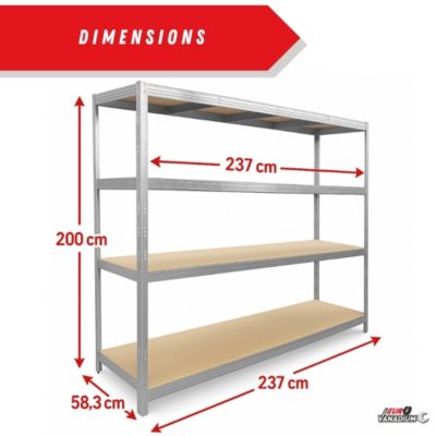 Étagère métal de rangement pour garage, atelier, sous sol avec 4 étages- Capacité 1400 kg - L. 237 x P. 60 x H. 200 cm