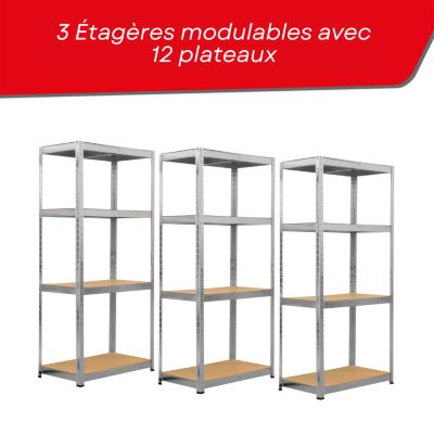 Étagère métal rangement charges lourdes - max 960 kg -12 plateaux - L.210 x P. 30 x H.150 cm