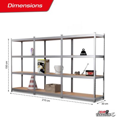 Étagère métal rangement charges lourdes - max 960 kg -12 plateaux - L.210 x P. 30 x H.150 cm