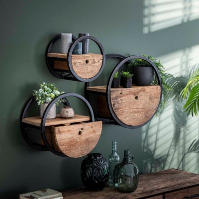 Étagère murale en bois et métal avec tiroir CERCLO