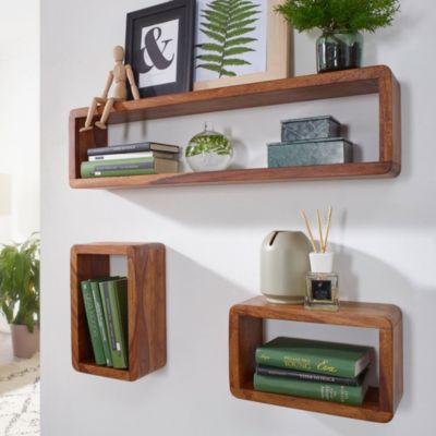 Étagère murale Lot de 3 Bois Massif Étagère en bois Étagère à livres FineBuy