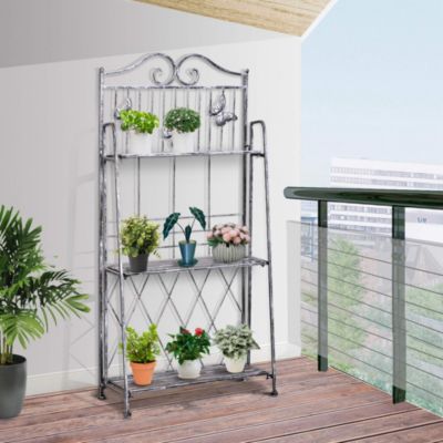 Étagère à plantes 3 niveaux en métal gris avec motif papillons