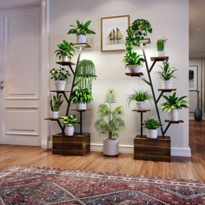 Étagère à plantes avec éclairage de croissance intégré, coloris bois tigré, structure métal blanc, rangement bas, lot de 2, Marron