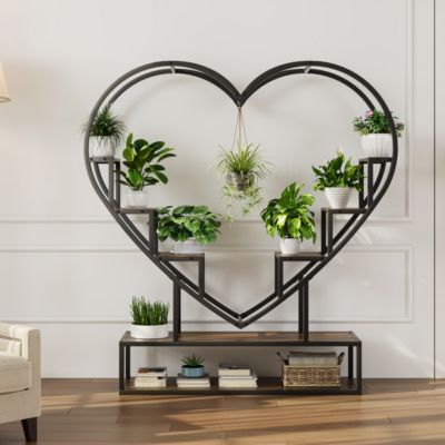 Étagère à plantes en forme de cœur 138cm, multi-niveaux métal-bois avec lampe LED, déco pour salon, balcon et intérieur