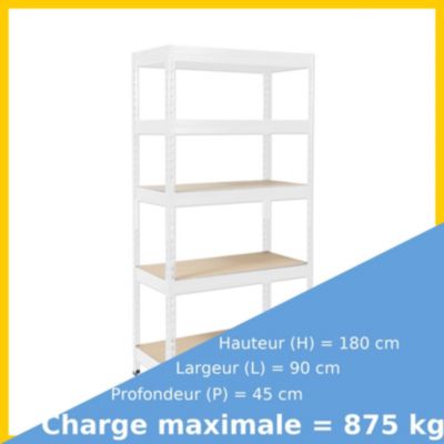 Étagère pour charge lourde  5 Étages  Blanc 180 x 90 x 45 cm, Charge Max  875 kg