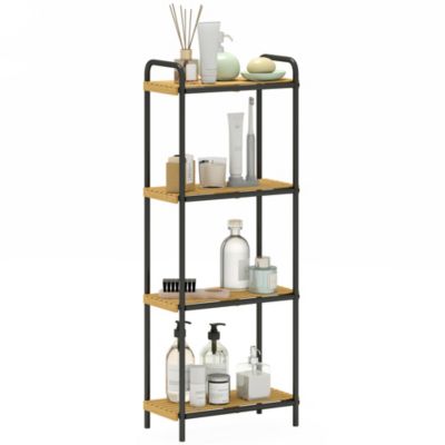 Étagère salle de bain bambou verni 4 niveaux autoportante cadre acier noir