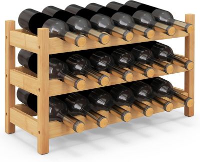 Étagère à Vin en Bambou à 3 Niveaux pour 18 Bouteilles de Vin,pour Cuisine, Bar, Garde-Manger, 62 x 24 x 38cm