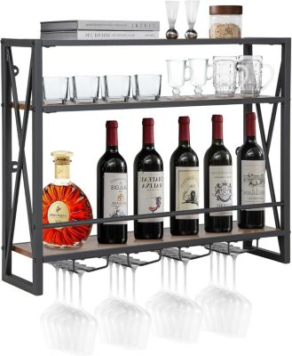 Étagère à Vin Murale Casier à Vin Suspendue 3 Niveaux avec Porte Verres Cadre en Métal Protection Anti Chute Marron