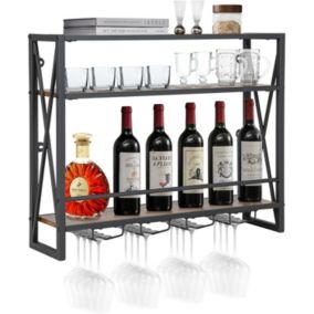 Étagère à Vin Murale Casier à Vin Suspendue 3 Niveaux avec Porte Verres Cadre en Métal Protection Anti Chute Marron