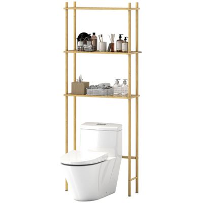Étagère WC 3 niveaux en bois naturel, meuble salle de bain gain de place avec système anti-basculement, style champêtre
