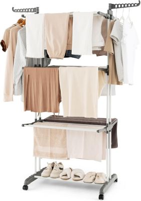 étendoir à Linge 4 Niveaux Support Pliable avec 3 Plateaux Rétractables 1 étagère à Chaussures Inférieure