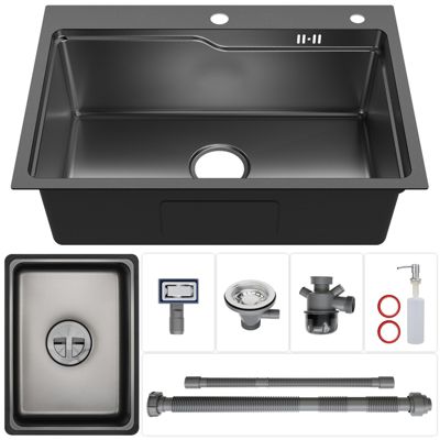 Évier Cuisine 68cm Noir, Évier en inox, Évier 1 Bac avec Kit de Vidage, Évier à Encastrer ou Supérieur