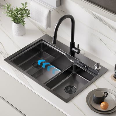 Évier Cuisine 68cm Noir, Évier en inox, Évier 1 Bac avec Kit de Vidage, Évier à Encastrer ou Supérieur