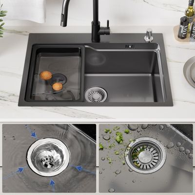 Évier Cuisine 68cm Noir, Évier en inox, Évier 1 Bac avec Kit de Vidage, Évier à Encastrer ou Supérieur