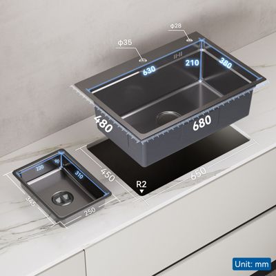 Évier Cuisine 68cm Noir, Évier en inox, Évier 1 Bac avec Kit de Vidage, Évier à Encastrer ou Supérieur
