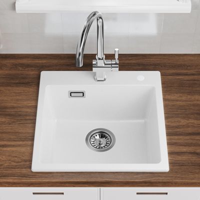 Évier Cuisine en Granit Blanc, CECIPA Max Évier à Encastrer 50 x 45cm ,Évier 1 Bac Noir , Kit de Vidage