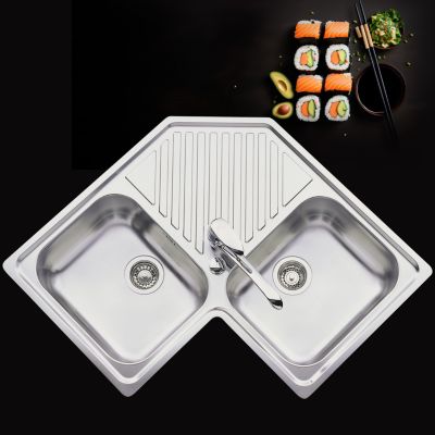 Évier d'angle inox lisse ANGIE 2 bacs 1 égouttoir