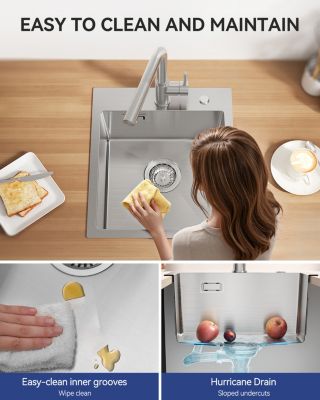 Évier de Cuisine 40 x 45 cm, CECIPA MAX Évier en inox brossé, Évier 1 Bac, Lavabo Cuisine Montage Encastré ou Supérieur