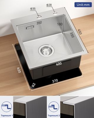 Évier de Cuisine 40 x 45 cm, CECIPA MAX Évier en inox brossé, Évier 1 Bac, Lavabo Cuisine Montage Encastré ou Supérieur