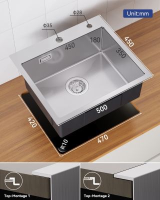 Évier de Cuisine 50 x 45 cm, SOFETIY MAX Évier en inox brossé, Évier 1 Bac Montage Encastré ou Supérieur