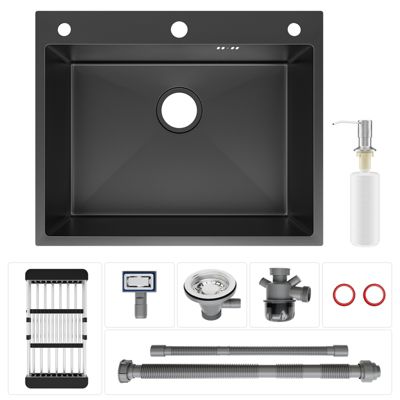 Évier de Cuisine 60 x 49 cm, CECIPA MAX Évier carré en inox brossé, Évier 1 Bac, avec Distributeur de savon et Panier égouttoir