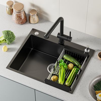 Évier de Cuisine 60 x 49 cm, CECIPA MAX Évier carré en inox brossé, Évier 1 Bac, avec Distributeur de savon et Panier égouttoir