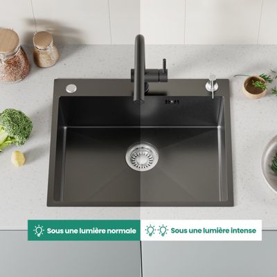 Évier de Cuisine 60 x 49 cm, CECIPA MAX Évier carré en inox brossé, Évier 1 Bac, avec Distributeur de savon et Panier égouttoir