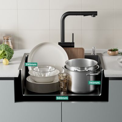 Évier de Cuisine 60 x 49 cm, CECIPA MAX Évier carré en inox brossé, Évier 1 Bac, avec Distributeur de savon et Panier égouttoir